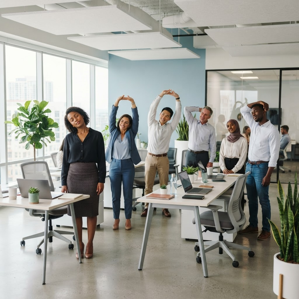 Empleados de oficina realizando pausas activas y estiramientos junto a sus escritorios